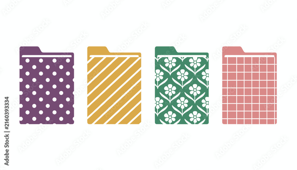 Fototapeta premium Four colorful patterned vertical folders featuring polka dots, stripes, floral, and grid motifs.