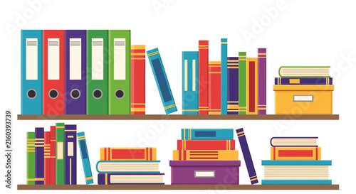Wooden bookshelves filled with organized colorful office document folders and various stacked hardcover books on shelves.