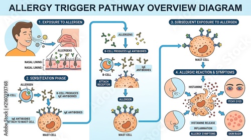 Allergy trigger pathway overview diagram showing immune response stages