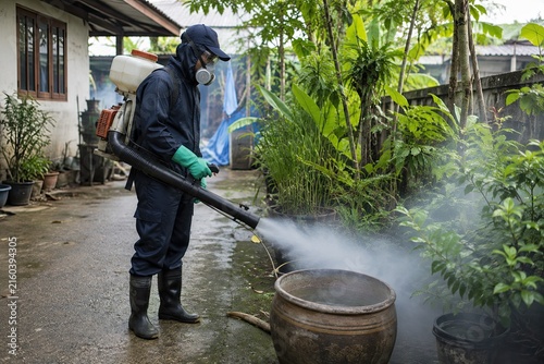 Public Health Worker Spraying Outdoor Area