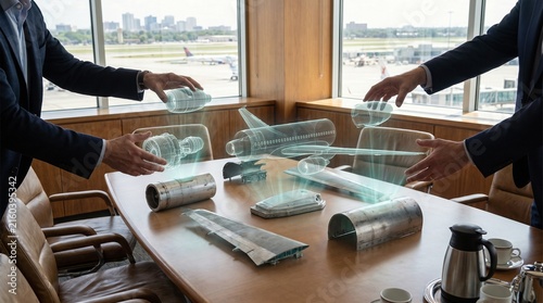 Professionals assembling a high-tech turbofan engine hologram in a modern boardroom meeting