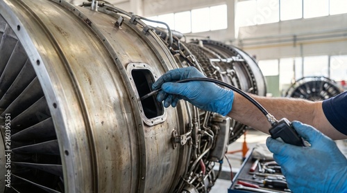 Technician hands operating ultrasonic scanner for detailed inspection of a turbine aircraft engine during maintenance in a professional hangar