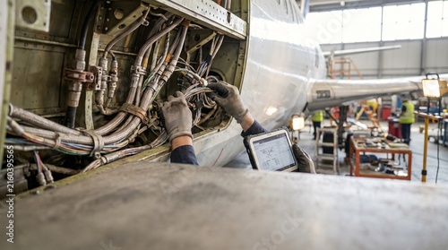 Aircraft Maintenance Engineer Examining Electrical Wiring Systems and Harness Connections during Routine Aviation Inspection in a Hangar