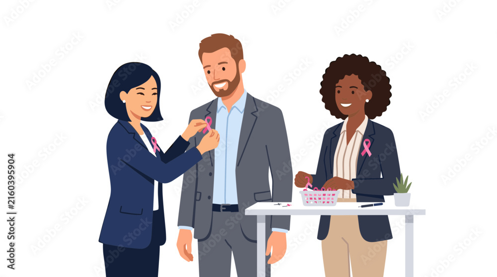 Fototapeta premium Diverse colleagues in office attire pin pink ribbons on each other