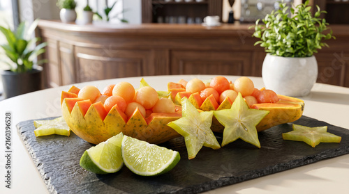 A refreshing tropical fruit platter with carved papaya, starfruit, and lime slices is served on a dark slate board in a luxury cafe. The aesthetic presentation is superb.