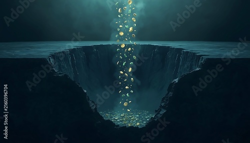 Coins Falling into a Dark Abyss or Deep Canyon Hole