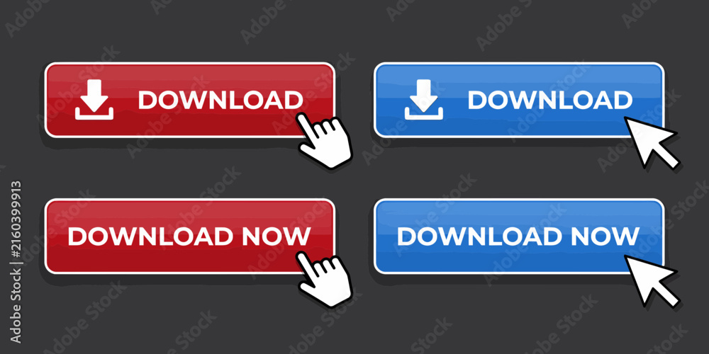 Fototapeta premium Four download buttons with hand cursor pointing for user interaction design elements