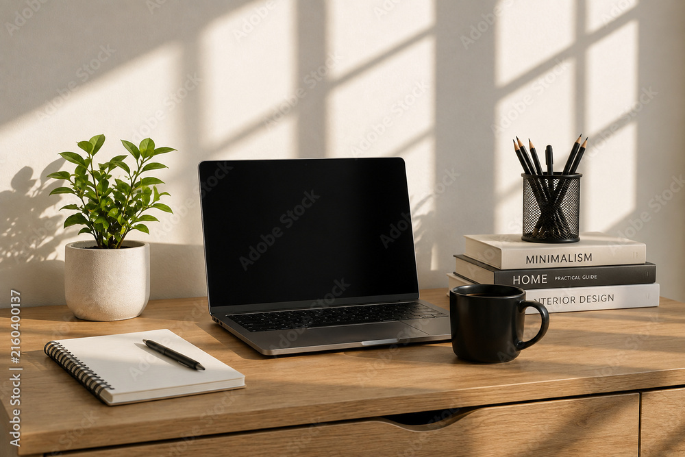 Fototapeta premium Modern Minimal Workspace with Laptop, Coffee Cup and Notebook in Warm Sunlight