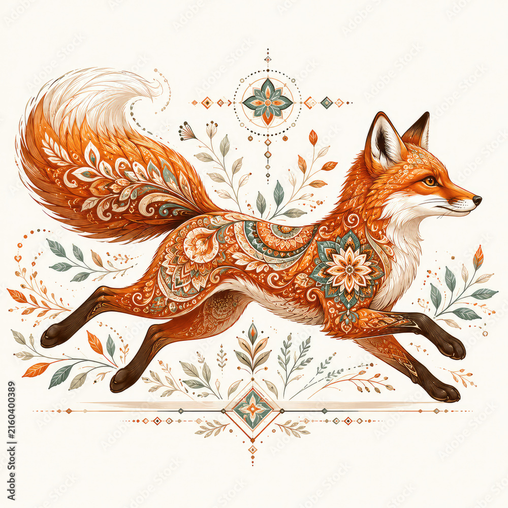Naklejka premium Ornate Boho Fox Illustration with Floral Folk Art Patterns