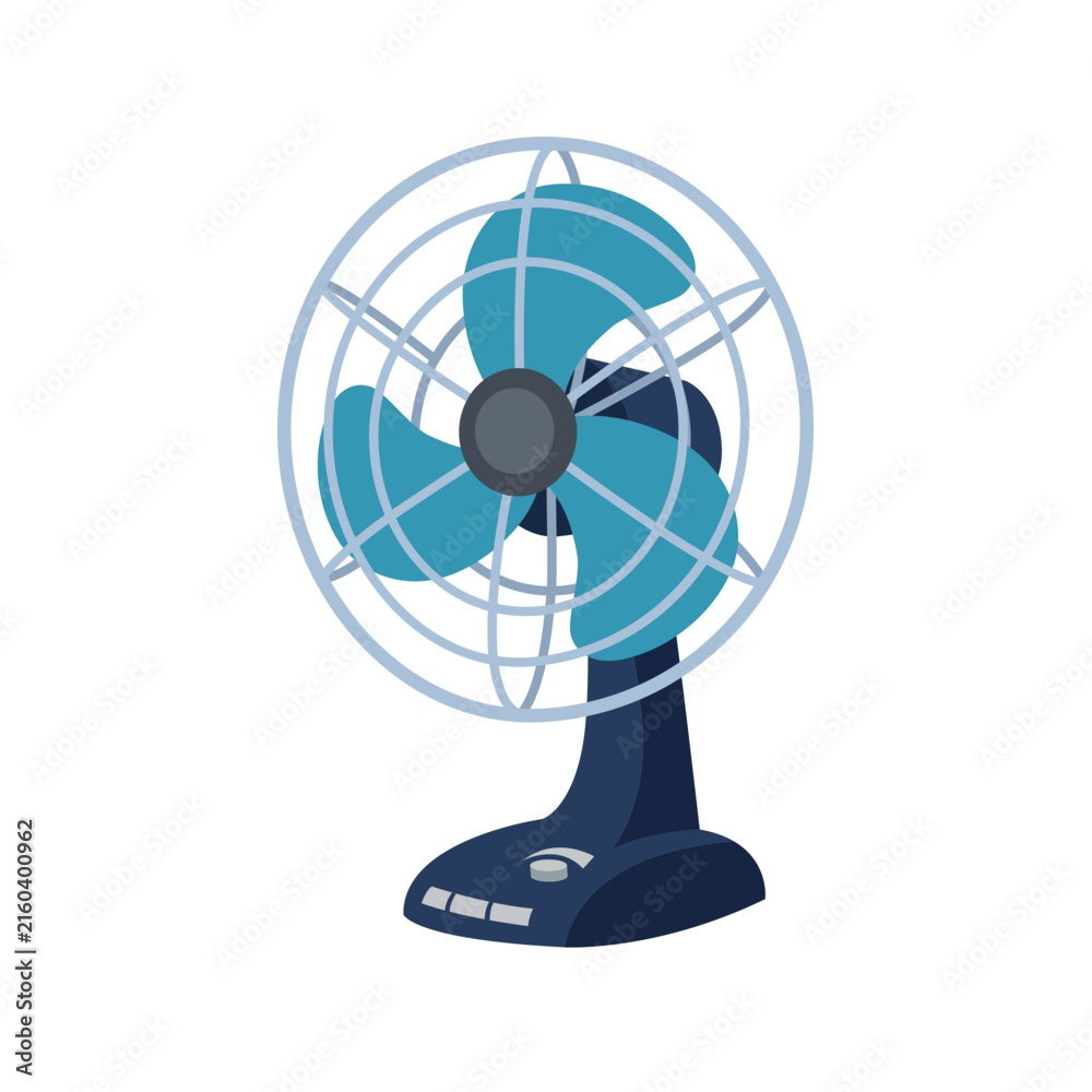 Obraz premium Portable electric desk table fan with safety grill, rotating blades, and speed control buttons for summer cooling and climate concepts