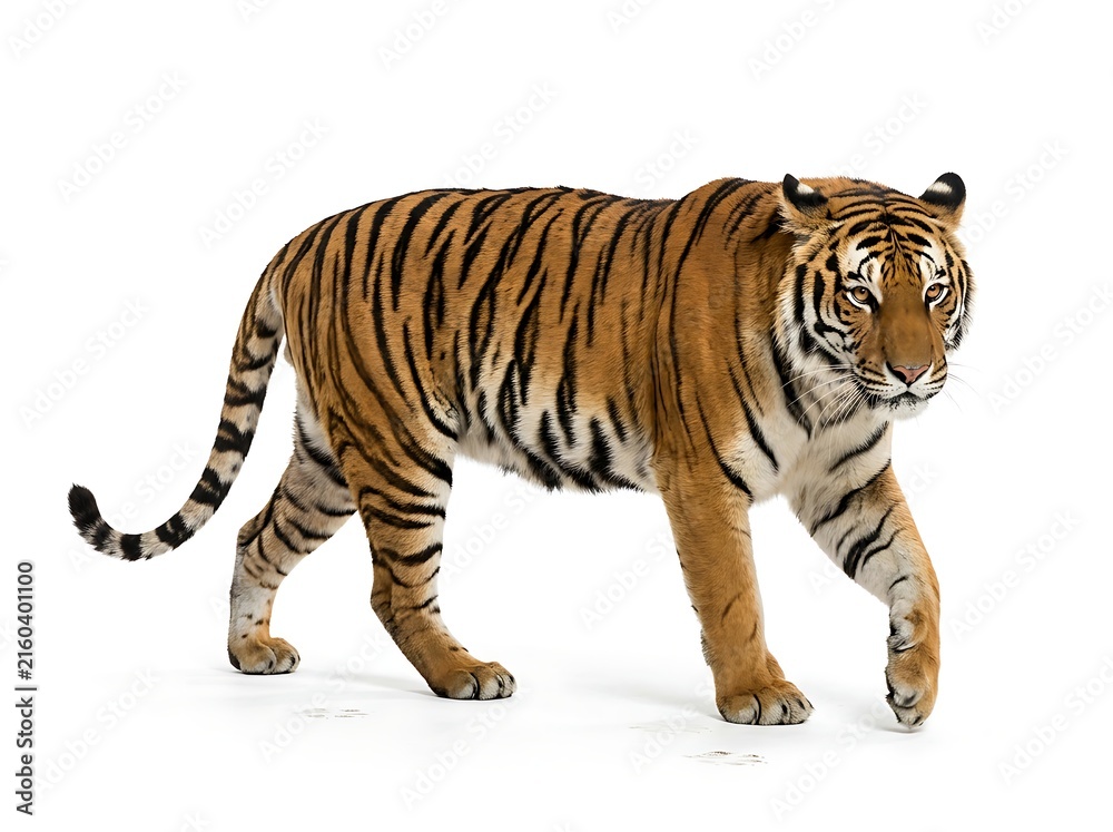 Fototapeta premium A magnificent black-striped tiger is seen strolling on a white backdrop.