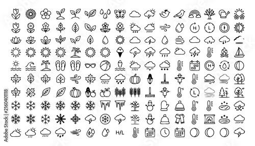 Comprehensive Four Seasons Weather and Nature Line Icon Set Featuring Spring Flowers Summer Beach Autumn Harvest and Winter Snow Elements