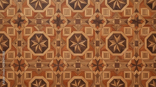 Decorative timber mosaic tile design for interior architecture, smooth parquet floor texture, and geometric wood inlay pattern