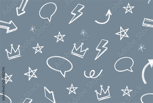 Seamless background pattern showing white hand drawn doodles of stars, crowns, and speech bubbles on dusty blue.