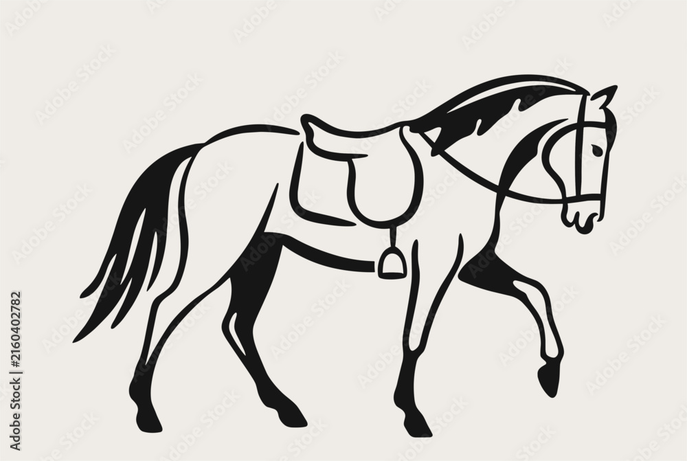 Obraz premium Beautiful black horse outline illustration showing a walking stallion with a saddle on a light beige background.