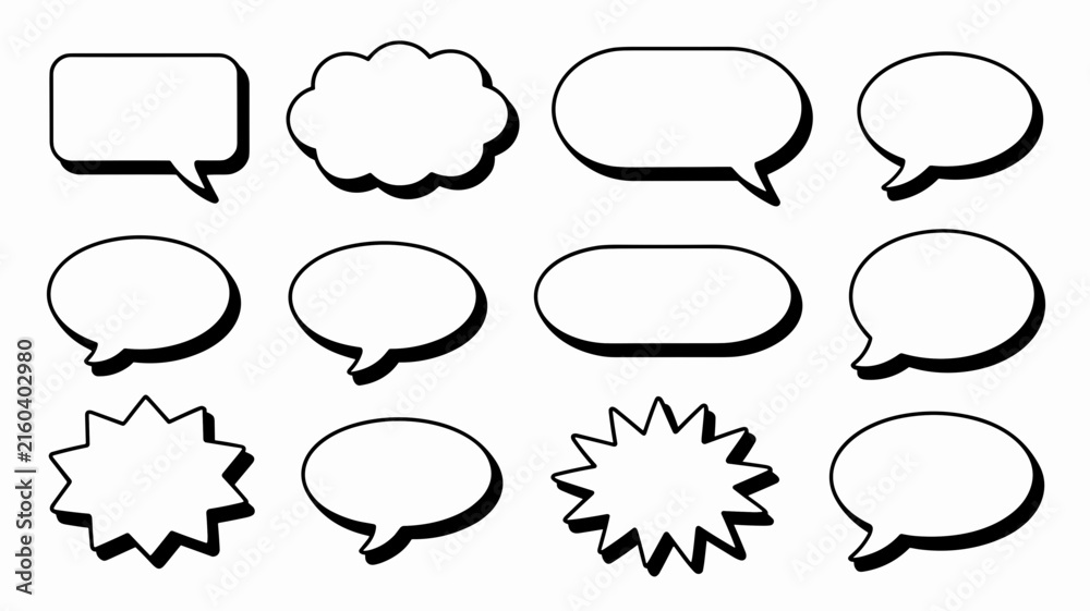 Fototapeta premium Simple white speech bubbles set with drop shadow outlines on a plain background for comic dialog text.