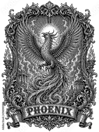 Obraz na płótnie Mythical Phoenix Rising in Ornamental Steel Engraving Style