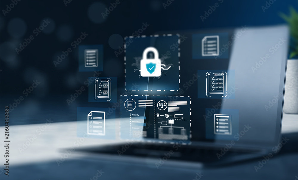 Fototapeta premium Digital Security Concepts with Lock Icon and Data Protection Interface Featuring Touch Interaction and Virtual Elements.