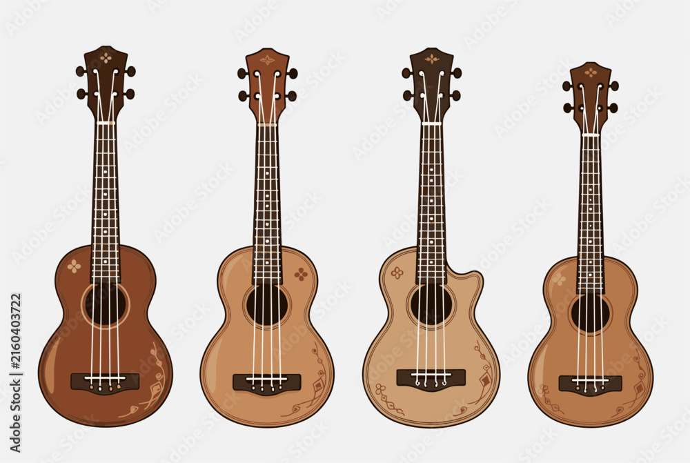 Obraz premium Set of four beautiful acoustic ukulele guitars with various natural wood tones, floral carvings, and headstock shapes.