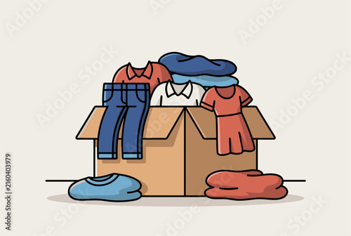 Box of donated clothing items with jeans dress and collared shirt vector illustration in outline flat style.
