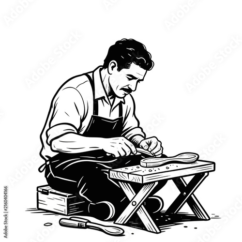 Skilled craftsman meticulously carves a wooden shoe sole on a small workbench with tools and shavings scattered around