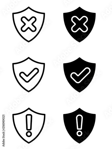 Shield icons set with check mark, cross and exclamation mark for security status symbols.
