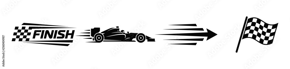 Fototapeta premium Black and white silhouette of a fast formula racing car crossing the finish line with a checkered flag