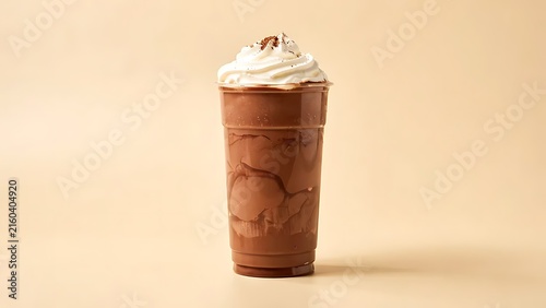 Chocolate milkshake with whipped cream in a plastic cup on a beige background