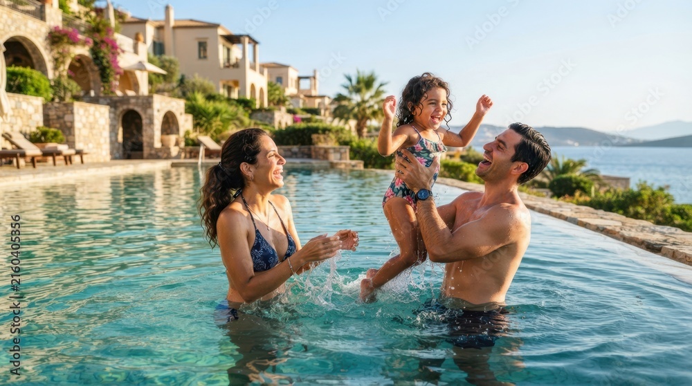 Fototapeta premium Joyful family splashing and playing together in a luxurious infinity pool