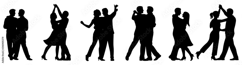 Fototapeta premium Six black silhouettes of couples dancing together in various ballroom poses, isolated on a white background, for wedding, party, or romantic themed projects