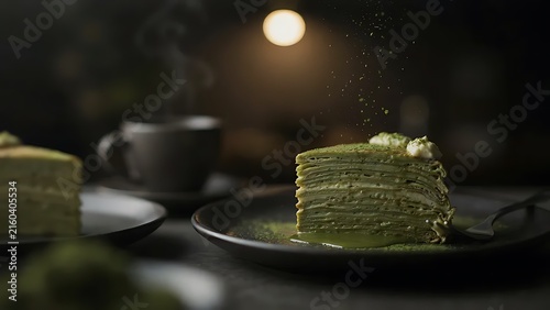 Matcha crepe cake slice with powdered sugar falling in a dark moody cafe setting.