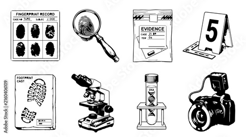 Forensic science investigation tools and evidence icons set for crime scene analysis