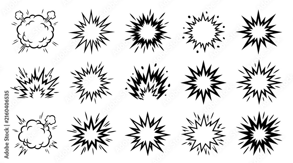 Obraz premium Black and white comic book explosion icons set with dynamic impact effects and stylized bursts