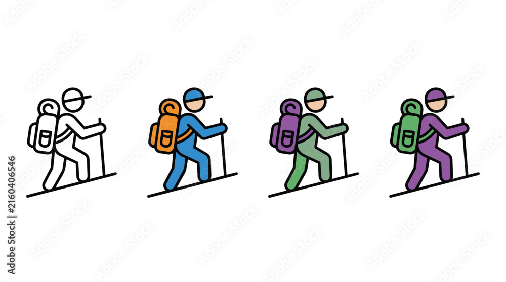 Fototapeta premium Four diverse hikers walking with backpacks and trekking poles on flat trail vector illustration