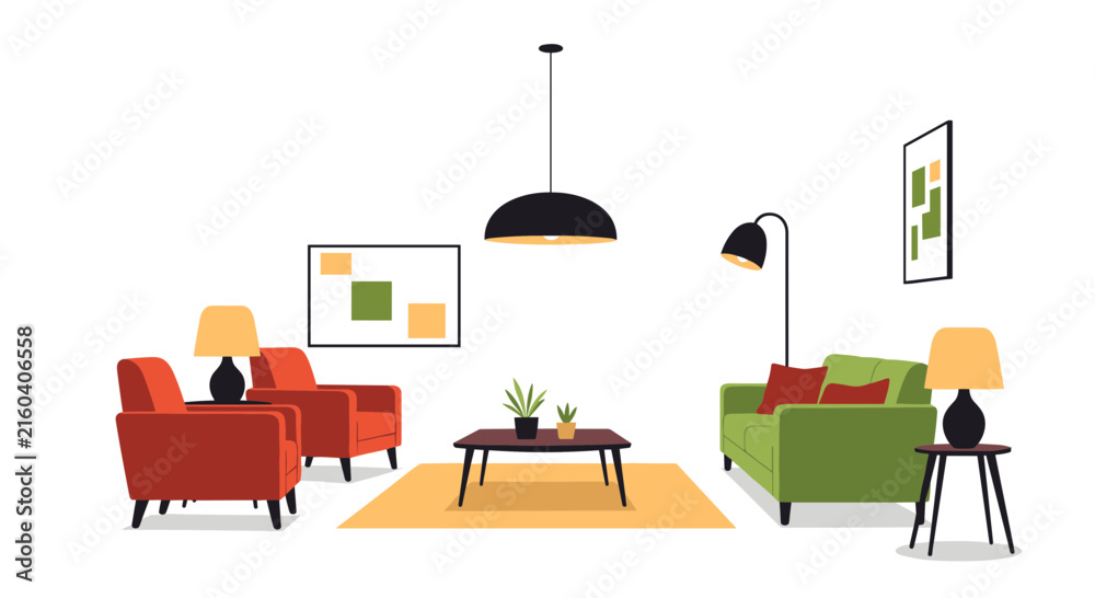 Fototapeta premium Stylish modern living room interior design with a green sofa, comfortable orange armchairs, and coffee table.