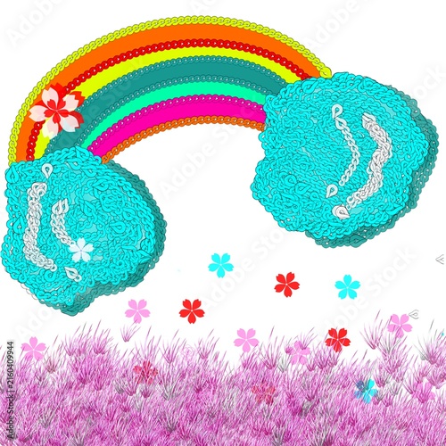Foto Vibrant rainbow made of colorful chains, fluffy turquoise cloud chains, falling cherry blossoms and purple grass on soft white background