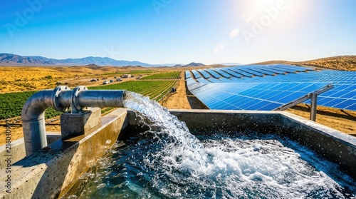 Agricultural irrigation system with flowing water alongside a large solar panel farm in a desert landscape under a bright blue sky