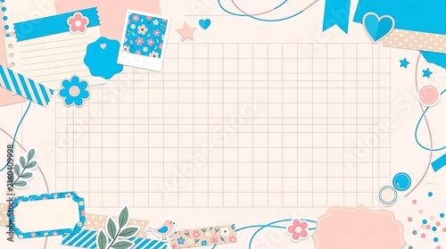 Cute pastel weekly planner template with decorative blue and pink floral elements and abstract shapes background