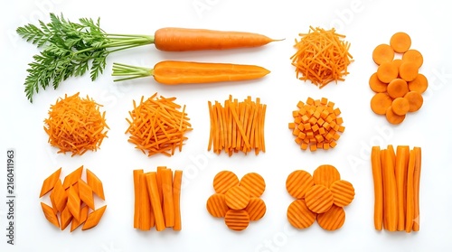 Fresh carrot collection with various cuts and slices isolated on white background