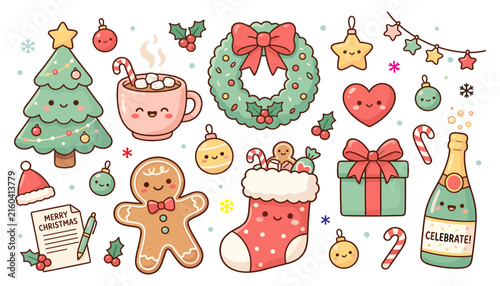 Cute Kawaii Christmas Clipart Element Set Featuring Smiling Cartoon Holiday Tree Wreath Stocking Gingerbread Man and Champagne Bottle for Greeting Cards