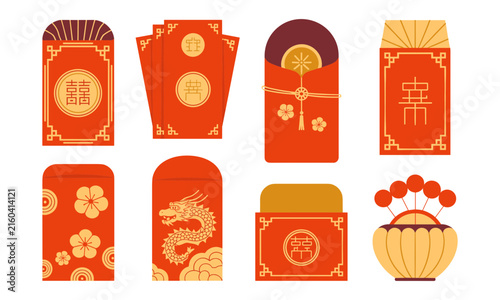 Chinese new year red envelopes and festive decorations set for gifting money and good luck