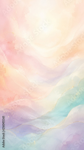 Soft pastel watercolor abstract background with flowing rainbow waves
