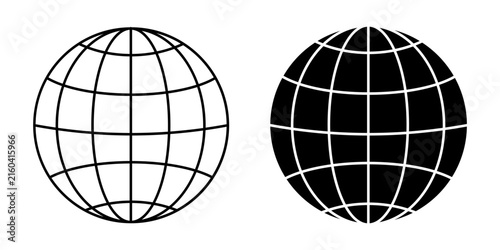 Globe wireframe icons set, two vector variations, black and white, minimalist design