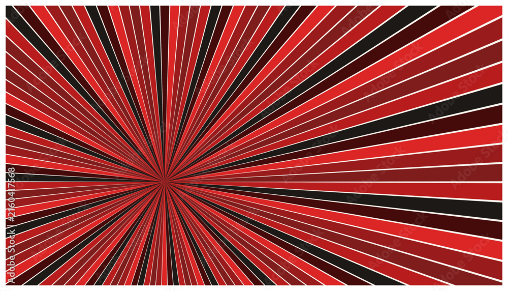 Fototapeta premium Comic style sunburst background featuring red and black rays for action oriented graphic designs.