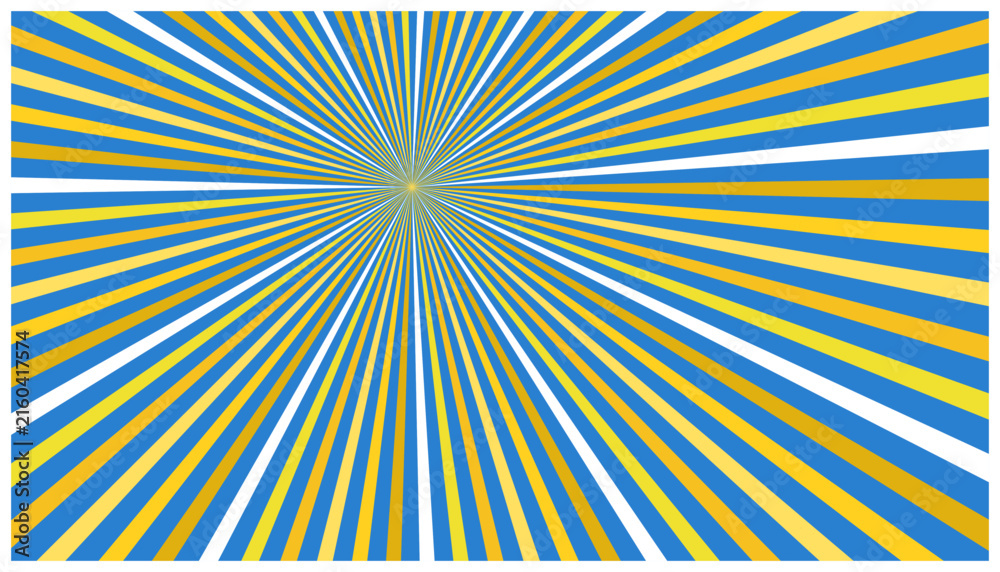 Fototapeta premium Comic style sunburst background with blue yellow and white rays for dynamic creative layouts.