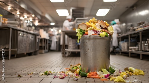 overflowing stainless steel trash can with food waste on commercial kitchen floor