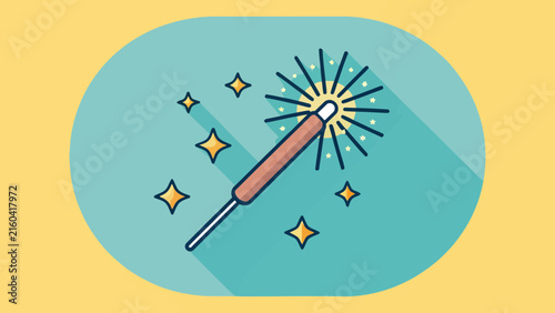 Magic wand emitting sparkling stars and glowing light rays inside a colorful geometric badge with fairytale illustration geometric childish imagination mystical