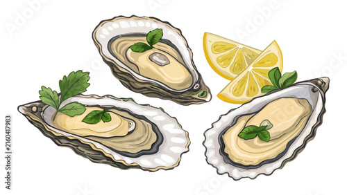 Hand drawn watercolor style illustration of fresh raw oysters served with lemon slices and mint leaves on a white background shellfish delicacy gastronomy appetizer restaurant illustration