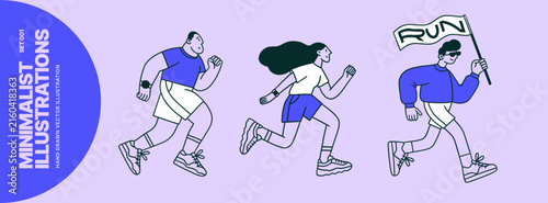 Minimalist Illustration of Diverse People Running. Hand drawn vector illustration of three active people running, including a runner holding a flag, representing fitness, sport, and motivation.