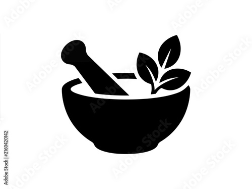 Mortar and pestle icon with herbal leaves for natural medicine and holistic wellness.